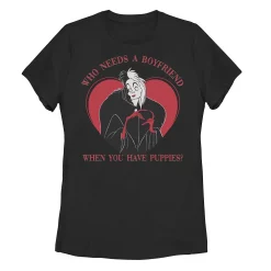 Juniors' Disney Villains Valentine's Cruella "Who Needs A Boyfriend" Tee