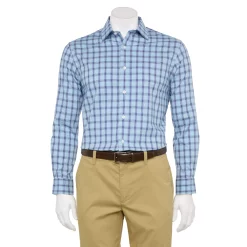 Men's Haggar Slim-Fit Premium Comfort Spread-Collar Dress Shirt -Cotton Sales Store 5061175 Mid Blue Windowpane