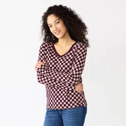 Women's Sonoma Goods For Life® Everyday V-Neck Long Sleeve Tee -Cotton Sales Store 5625801 Berry Checkerboard