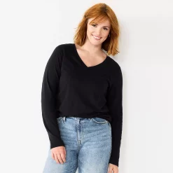 Women's Sonoma Goods For Life® Everyday V-Neck Long Sleeve Tee -Cotton Sales Store 5625801 Black