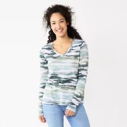 Women's Sonoma Goods For Life® Everyday V-Neck Long Sleeve Tee -Cotton Sales Store 5625801 Blue Animal Print