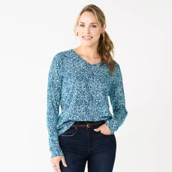 Women's Sonoma Goods For Life® Everyday V-Neck Long Sleeve Tee -Cotton Sales Store 5625801 Blue Floral