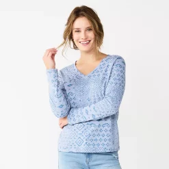 Women's Sonoma Goods For Life® Everyday V-Neck Long Sleeve Tee -Cotton Sales Store 5625801 Blue Patchwork