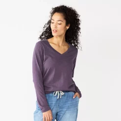 Women's Sonoma Goods For Life® Everyday V-Neck Long Sleeve Tee -Cotton Sales Store 5625801 Dark Purple