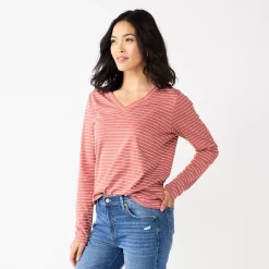 Women's Sonoma Goods For Life® Everyday V-Neck Long Sleeve Tee -Cotton Sales Store 5625801 Mauve Stripe