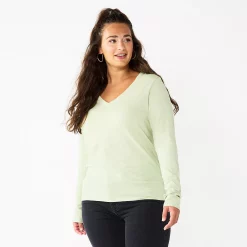 Women's Sonoma Goods For Life® Everyday V-Neck Long Sleeve Tee -Cotton Sales Store 5625801 Mint Green