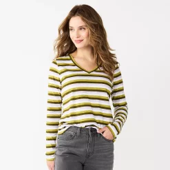 Women's Sonoma Goods For Life® Everyday V-Neck Long Sleeve Tee -Cotton Sales Store 5625801 Olive Stripe