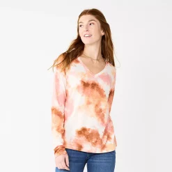 Women's Sonoma Goods For Life® Everyday V-Neck Long Sleeve Tee -Cotton Sales Store 5625801 Pink Neutral Tie Dye