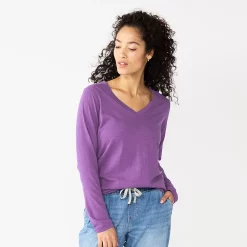 Women's Sonoma Goods For Life® Everyday V-Neck Long Sleeve Tee -Cotton Sales Store 5625801 Purple