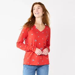 Women's Sonoma Goods For Life® Everyday V-Neck Long Sleeve Tee -Cotton Sales Store 5625801 Red Scatter Floral