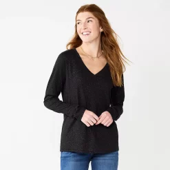 Women's Sonoma Goods For Life® Everyday V-Neck Long Sleeve Tee -Cotton Sales Store 5625801 Shine Black