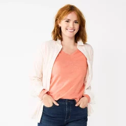 Women's Sonoma Goods For Life® Everyday V-Neck Long Sleeve Tee -Cotton Sales Store 5625801 Texture Coral