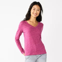 Women's Sonoma Goods For Life® Everyday V-Neck Long Sleeve Tee -Cotton Sales Store 5625801 Texture Dark Pink