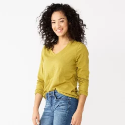 Women's Sonoma Goods For Life® Everyday V-Neck Long Sleeve Tee -Cotton Sales Store 5625801 Yellow Olive