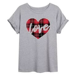 Juniors' Plaid Love Heart Oversized Tee