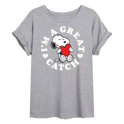 Juniors' Peanuts Snoopy "I'm A Great Catch" Oversized Tee