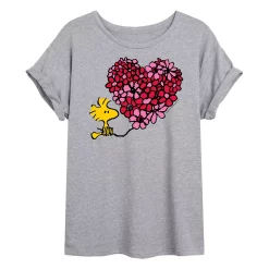 Juniors' Peanuts Woodstock Valentine's Day Floral Heart Oversized Tee