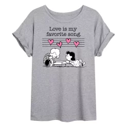 Juniors' Peanuts Schroeder & Lucy Love Song Oversized Tee