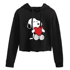 Juniors' Peanuts Heart Hugging Cropped Graphic Hoodie -Cotton Sales Store 6030399 Black