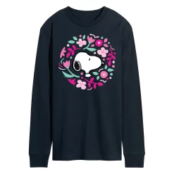 Men's Peanuts Floral Circle Long Sleeve Tee -Cotton Sales Store 6035567 Navy